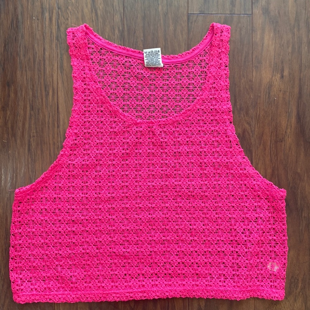Women’s Hot Pink Crochet Swim Cover-Up Crop Tank